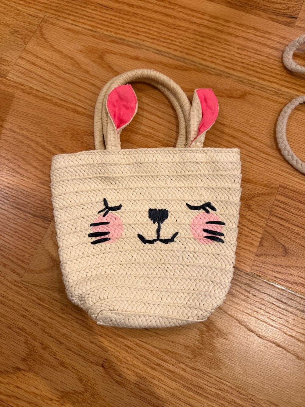Kids Cream Straw Tote Bag with Pink Ear Accents
